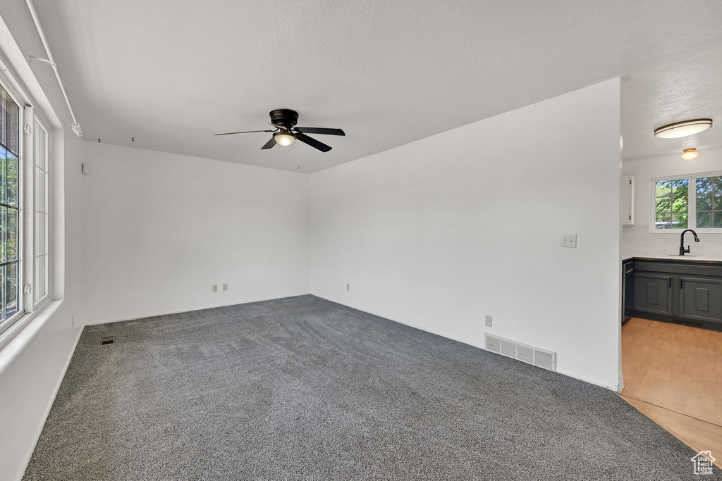 Empty room featuring a ceiling fan, light colored carpet, and a sink