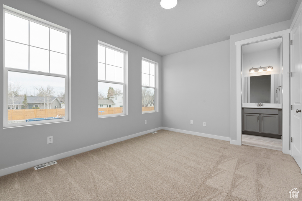 Unfurnished bedroom featuring carpet, baseboards, connected bathroom, and a sink
