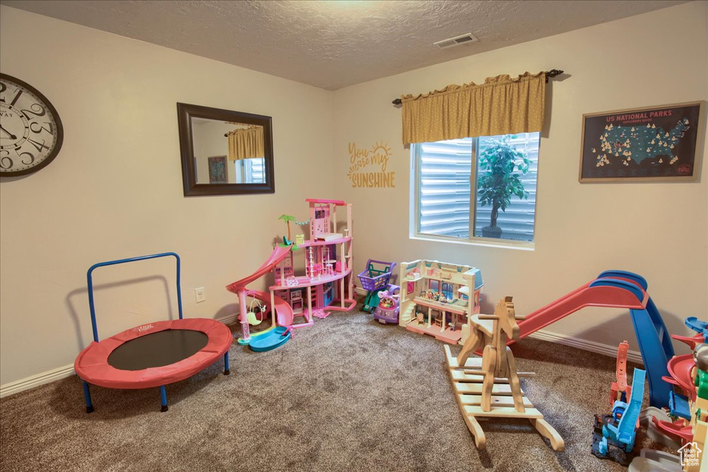 Rec room featuring a textured ceiling, baseboards, and carpet flooring