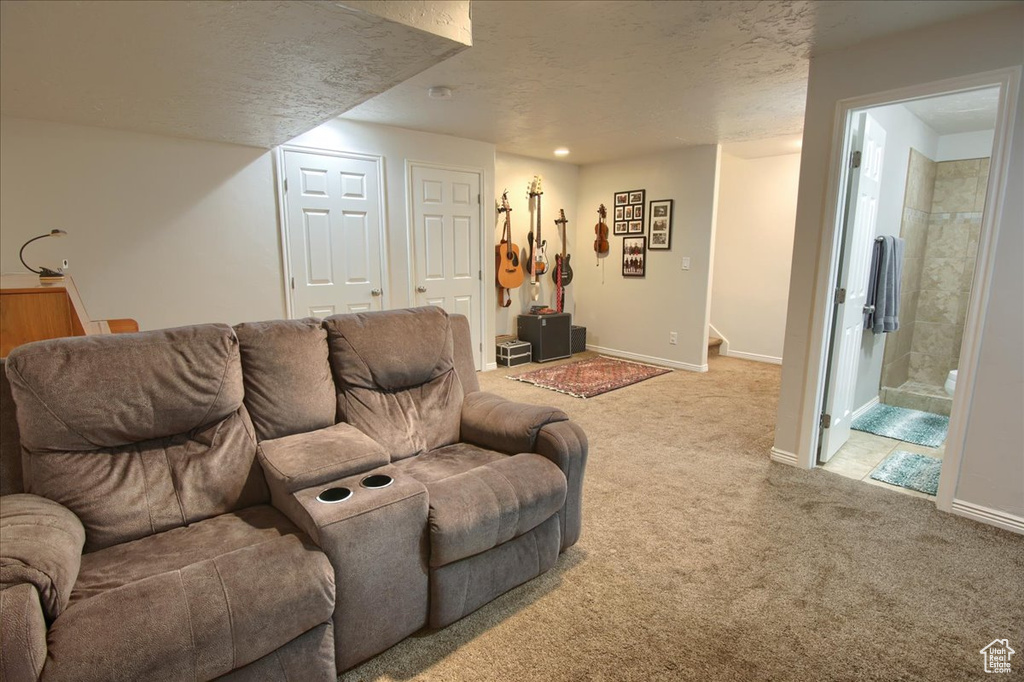 Carpeted living room with baseboards and a textured ceiling