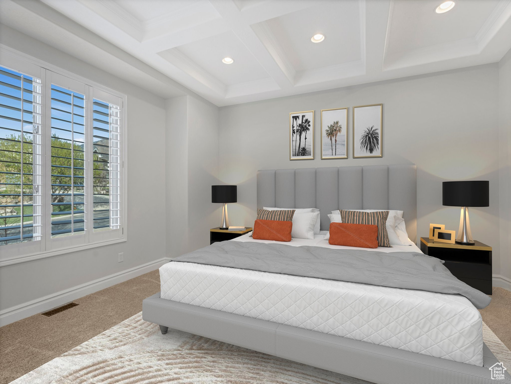 Carpeted bedroom featuring coffered ceiling, recessed lighting, and beamed ceiling