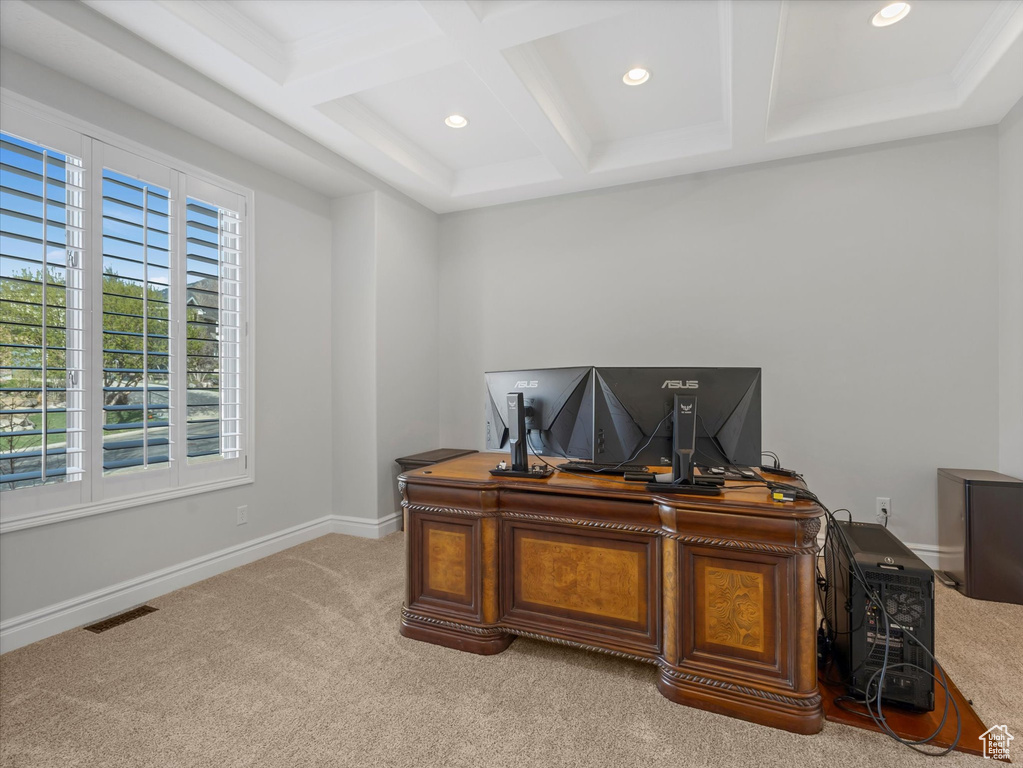 Office with coffered ceiling, light colored carpet, recessed lighting, baseboards, and beamed ceiling