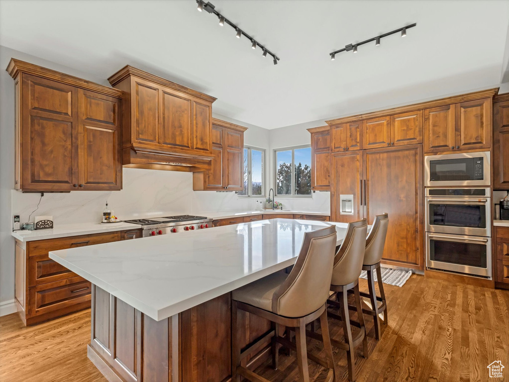 Kitchen featuring track lighting, built in appliances, light wood-style floors, and a kitchen island