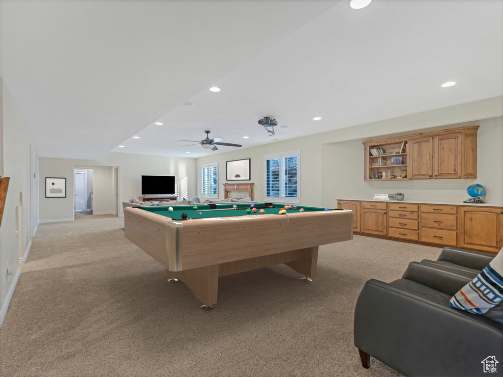 Playroom with pool table, light carpet, recessed lighting, baseboards, and a ceiling fan