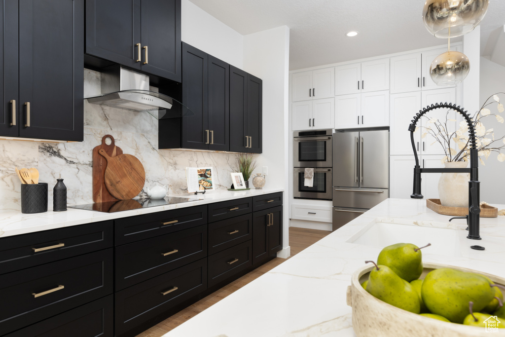 Kitchen with appliances with stainless steel finishes, dark cabinetry, under cabinet range hood, white cabinetry, and backsplash