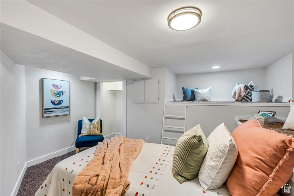 Carpeted bedroom with baseboards and a closet