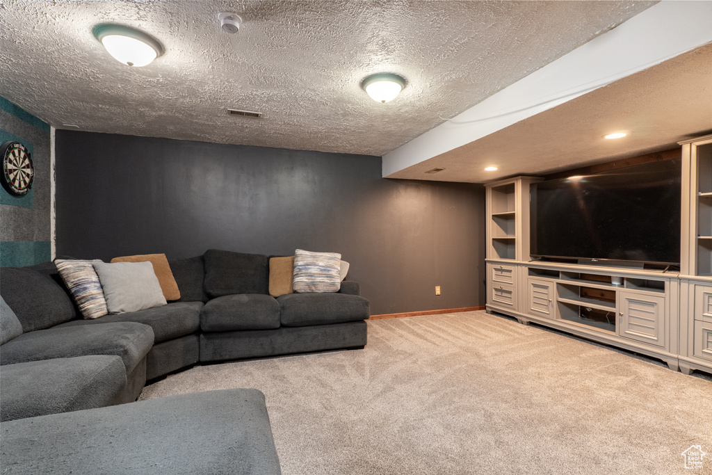 Carpeted living room with a textured ceiling and baseboards