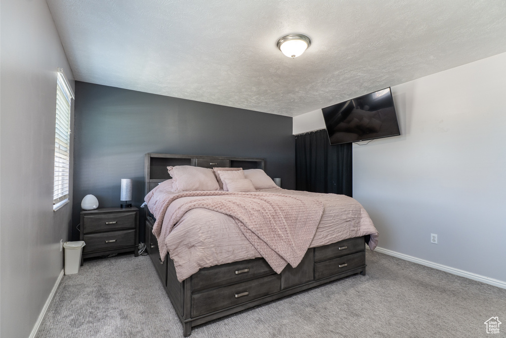 Bedroom with light carpet, baseboards, and a textured ceiling