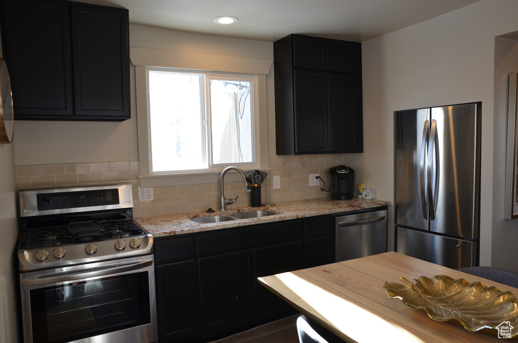 Kitchen featuring stainless steel appliances, a sink, dark cabinets, backsplash, and recessed lighting