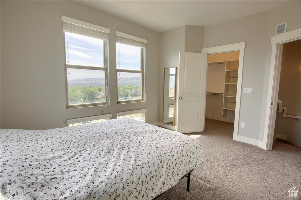 Bedroom with light carpet, a walk in closet, a closet, and baseboards