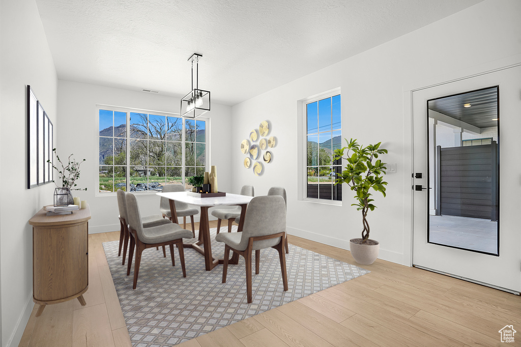 Dining room featuring light wood finished floors and baseboards