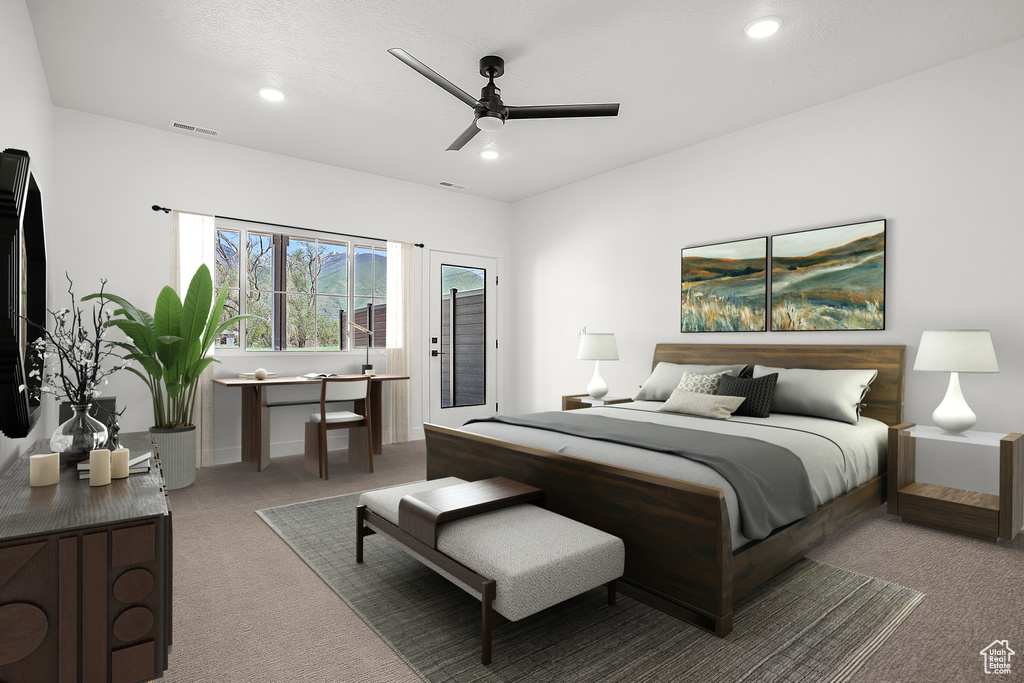 Bedroom featuring carpet flooring, recessed lighting, access to exterior, ceiling fan, and baseboards