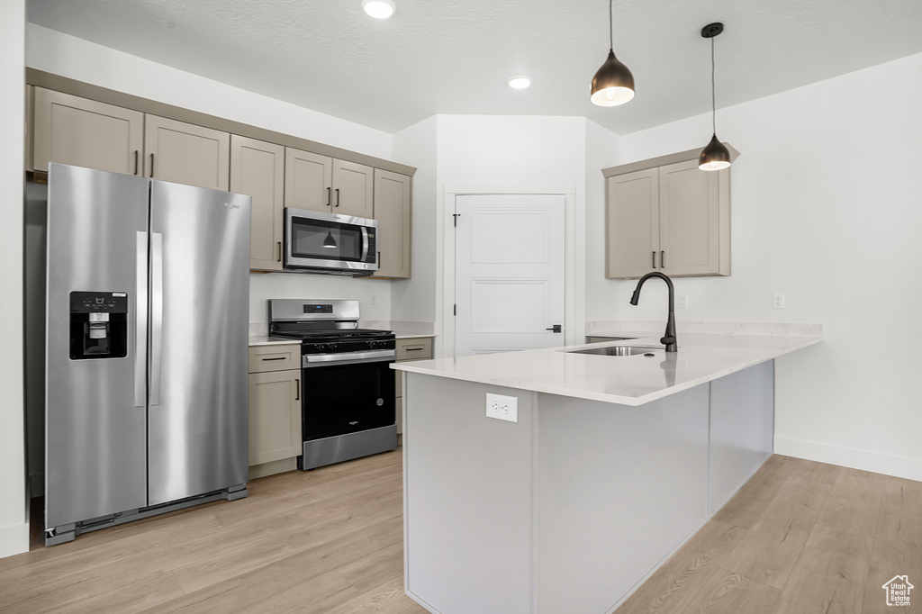 Kitchen featuring stainless steel appliances, a sink, light wood-type flooring, a peninsula, and light countertops