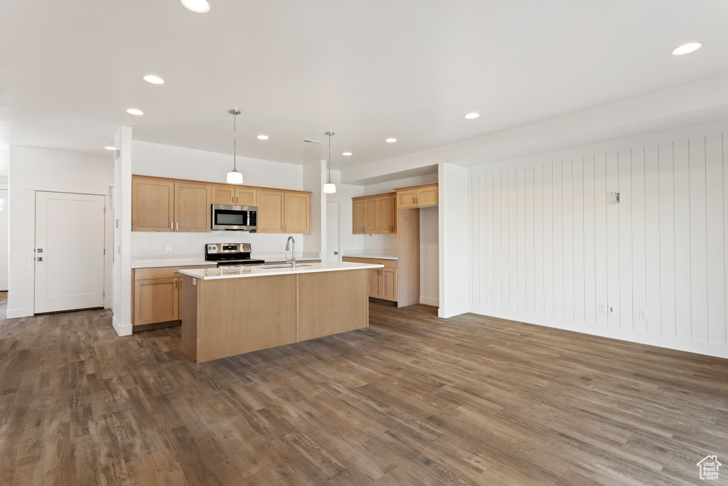 Kitchen with stainless steel appliances, dark wood-style flooring, an island with sink, light countertops, and recessed lighting