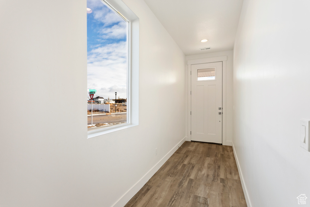 Doorway to outside featuring baseboards, wood finished floors, plenty of natural light, and recessed lighting