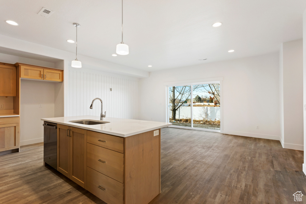 Kitchen featuring a sink, stainless steel dishwasher, dark wood-style floors, light countertops, and recessed lighting