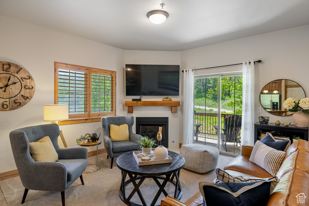 Living area featuring a fireplace, baseboards, and carpet