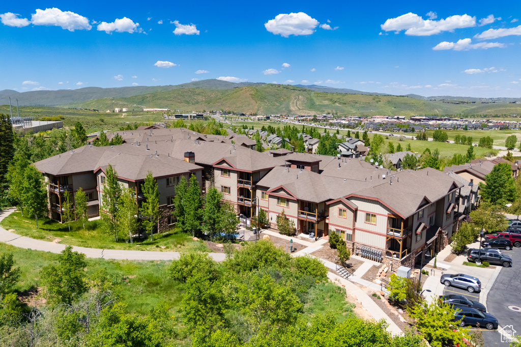 Aerial perspective of suburban area featuring a mountain backdrop