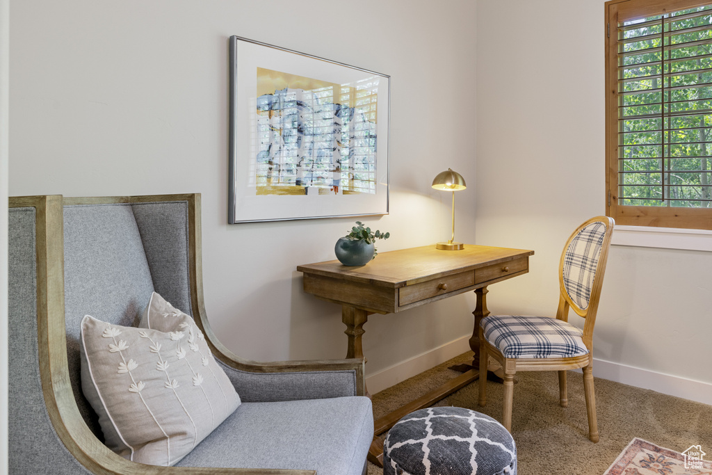 Sitting room featuring carpet flooring and baseboards
