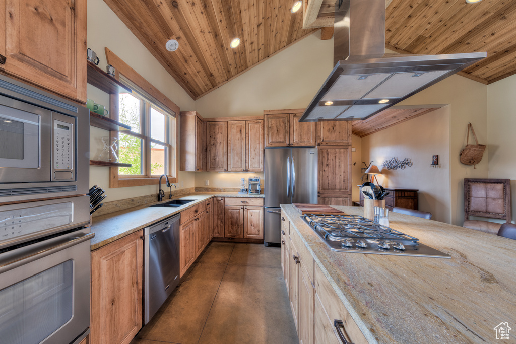 Kitchen featuring appliances with stainless steel finishes, island range hood, a sink, wooden ceiling, and recessed lighting