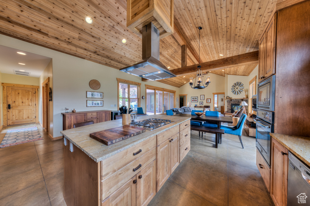 Kitchen featuring stainless steel appliances, wooden ceiling, open floor plan, island exhaust hood, and a chandelier