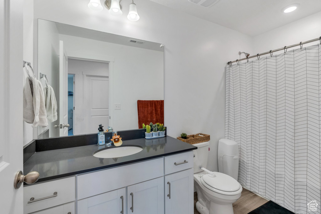 Full bathroom featuring vanity, toilet, curtained shower, and wood finished floors