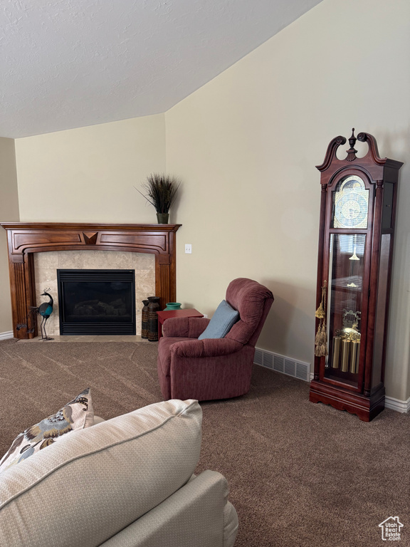 Living area with carpet flooring, baseboards, and a fireplace