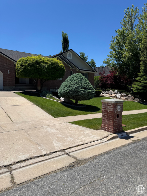 Obstructed view of property with a front yard and brick siding
