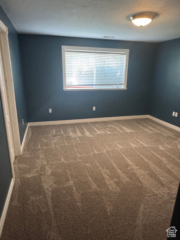 Empty room featuring carpet floors, baseboards, and a textured ceiling