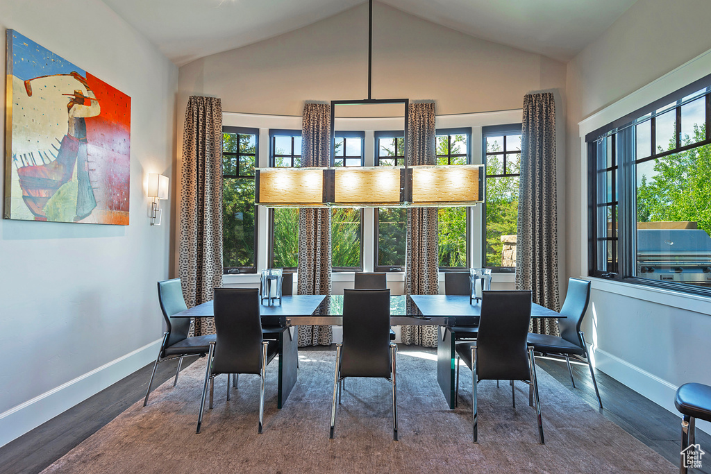 Dining area featuring plenty of natural light, baseboards, wood finished floors, and high vaulted ceiling