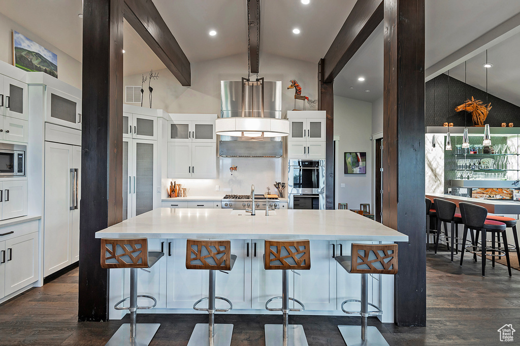 Kitchen featuring stainless steel appliances, dark wood-style floors, light countertops, a large island with sink, and white cabinets