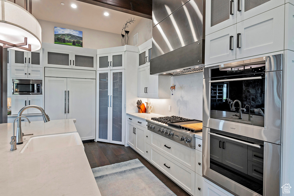 Kitchen featuring built in appliances, ventilation hood, a sink, white cabinets, and dark wood-type flooring
