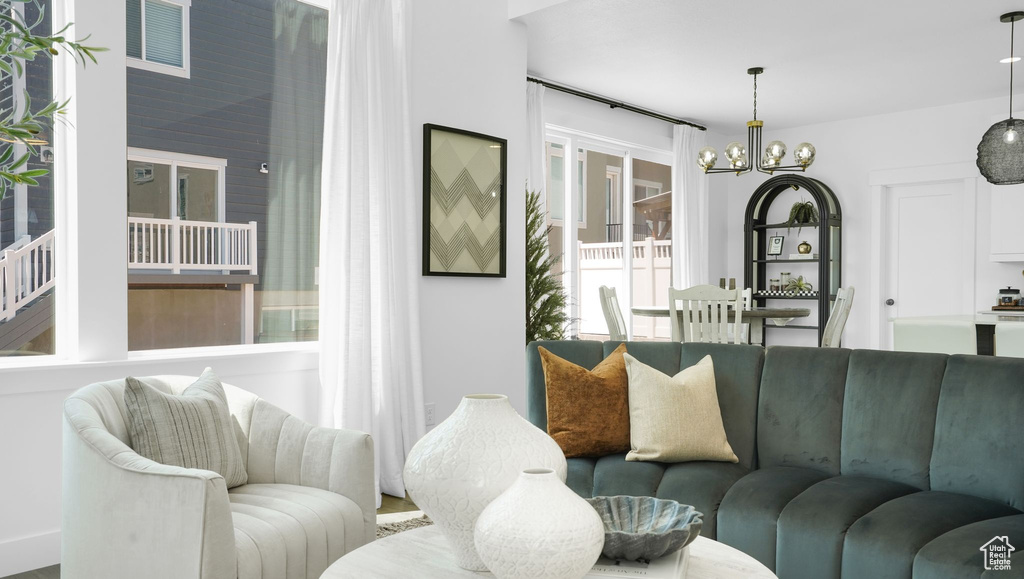 Living area featuring a chandelier