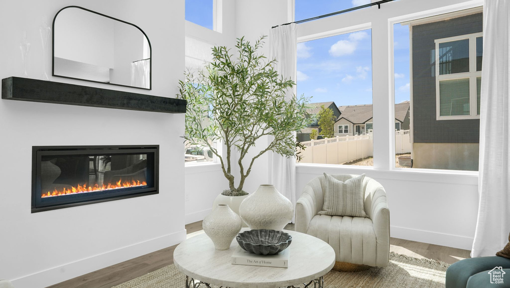 Sitting room featuring wood finished floors, baseboards, and a glass covered fireplace
