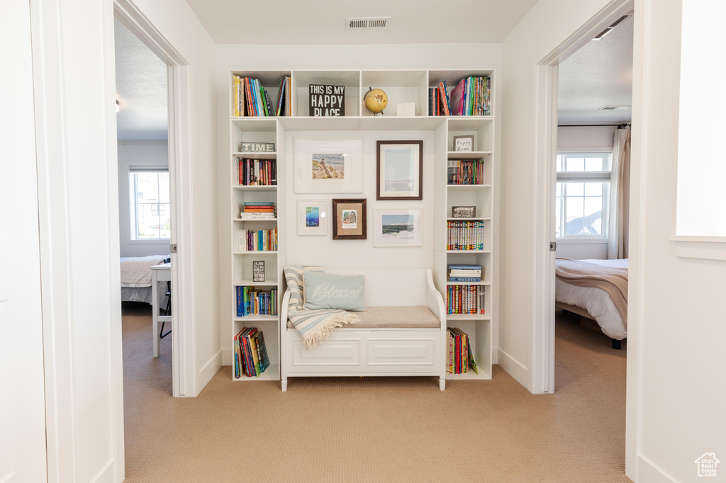 Living area with light colored carpet, healthy amount of natural light, and baseboards