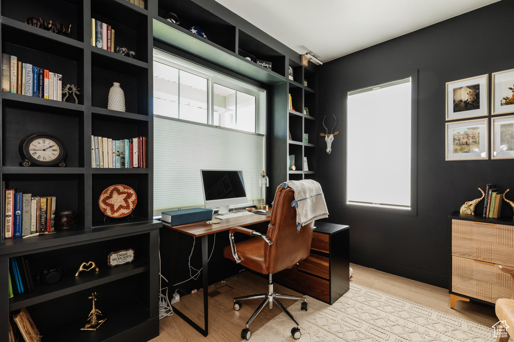 Office with wood finished floors