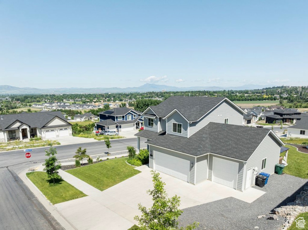 Aerial perspective of suburban area with mountains