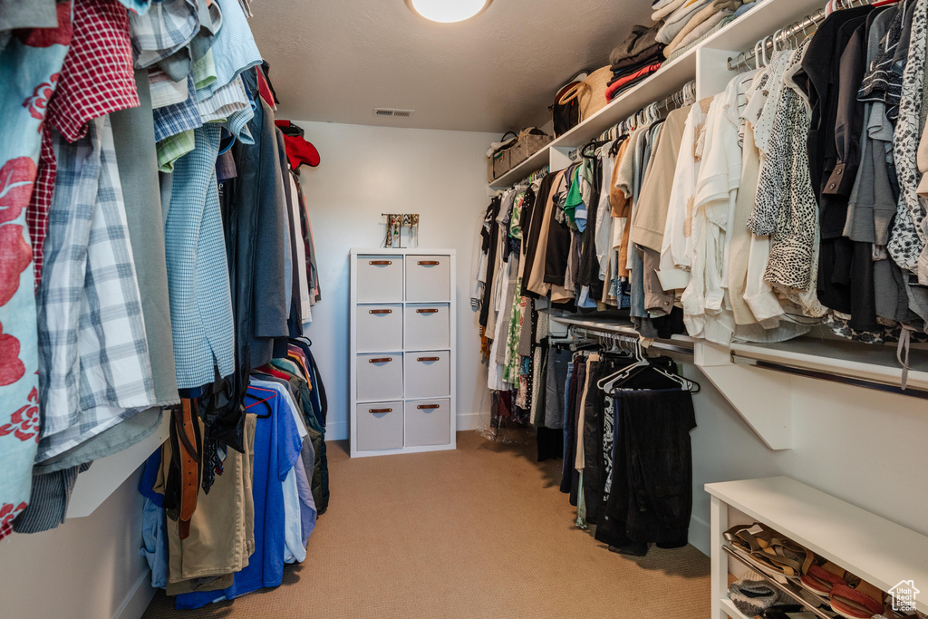 Walk in closet with light colored carpet