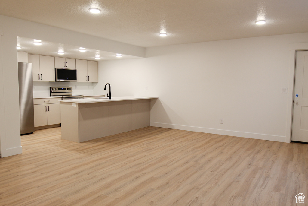 Kitchen featuring stainless steel appliances, a peninsula, light wood finished floors, a sink, and light countertops