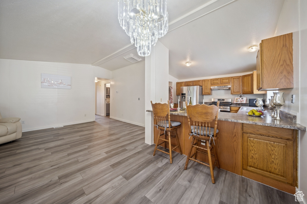 Kitchen featuring stainless steel appliances, under cabinet range hood, lofted ceiling, light wood-style flooring, and brown cabinets