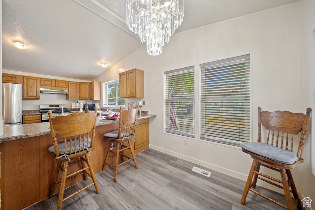 Kitchen with appliances with stainless steel finishes, under cabinet range hood, light wood-style flooring, vaulted ceiling, and a chandelier