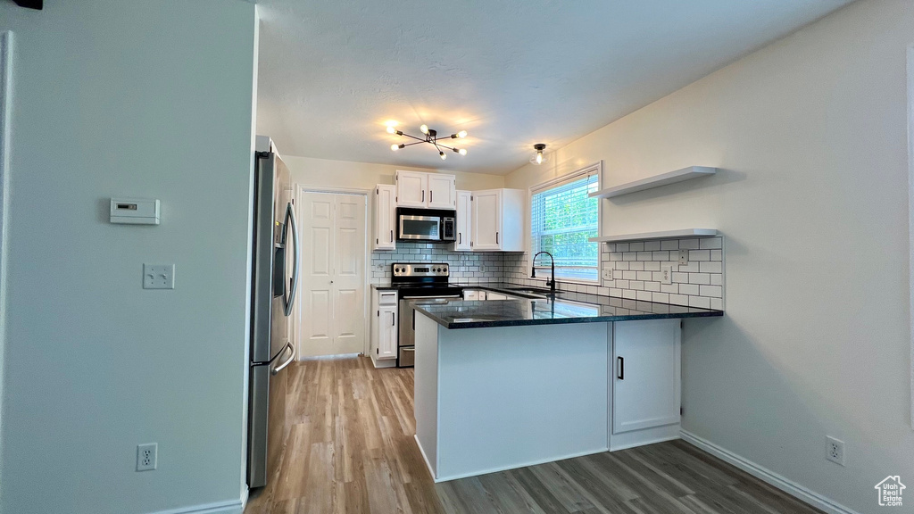 Kitchen with stainless steel appliances, a peninsula, a sink, and wood finished floors