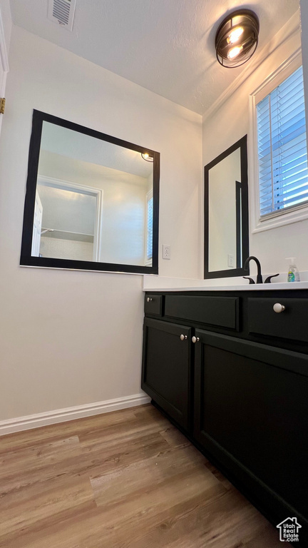 Bathroom featuring wood finished floors, vanity, and baseboards