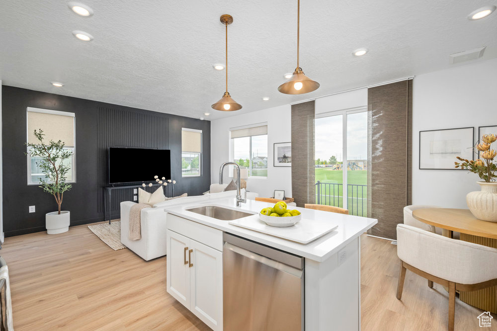 Kitchen with stainless steel dishwasher, a sink, open floor plan, light wood-style floors, and white cabinetry