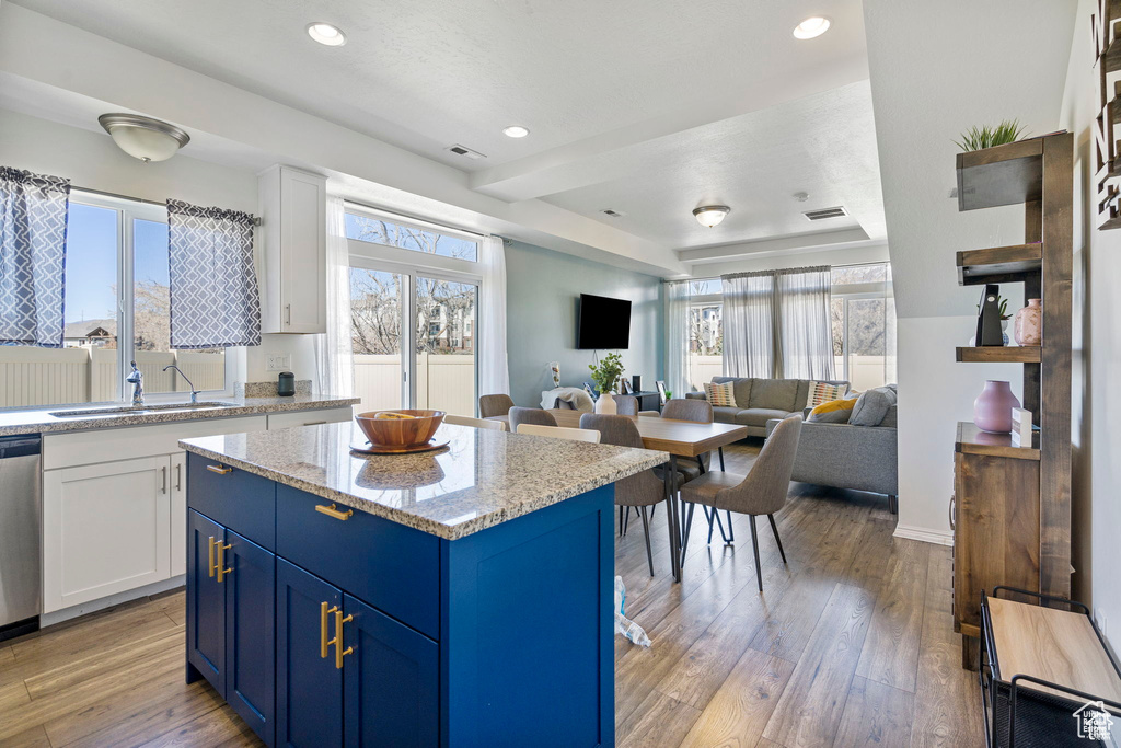 Kitchen with a sink, blue cabinetry, healthy amount of natural light, white cabinetry, and recessed lighting