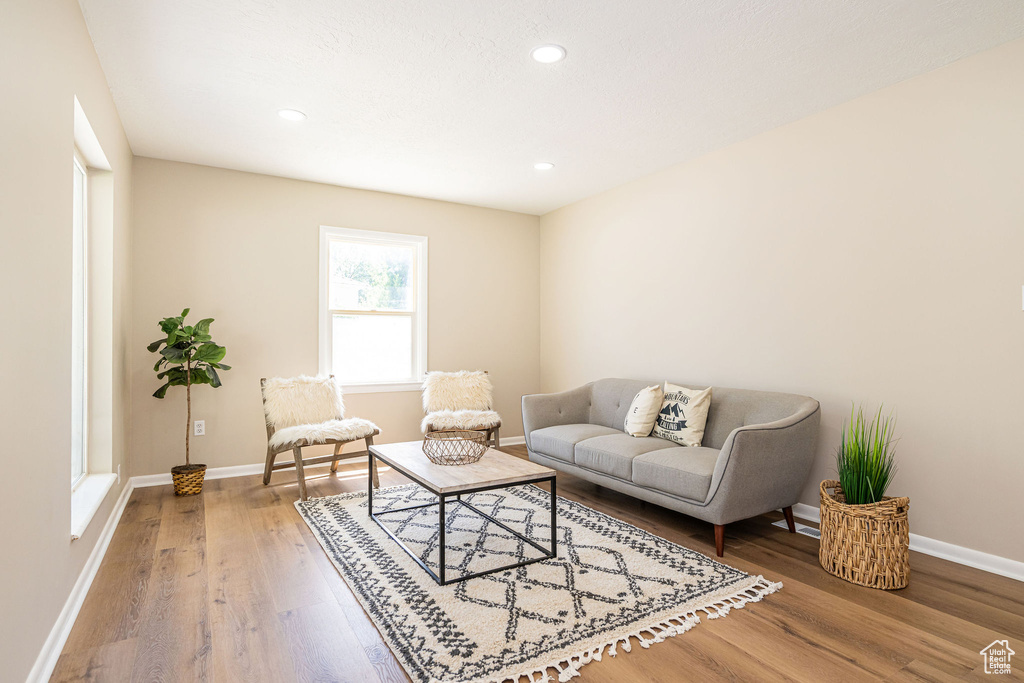 Living area featuring wood finished floors and recessed lighting