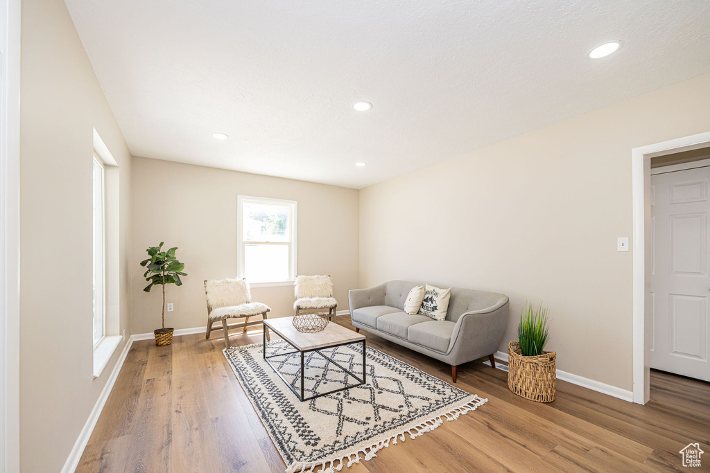 Living room featuring light wood-style floors and recessed lighting
