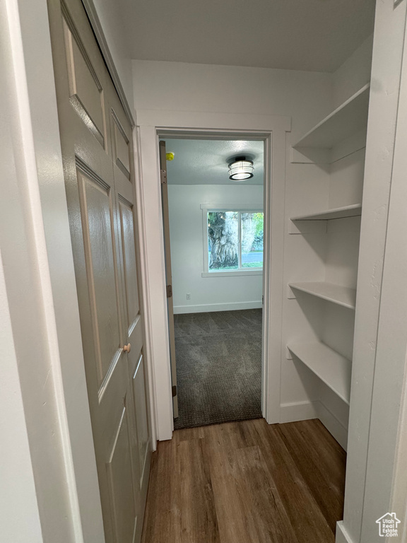 Corridor with dark wood-style floors and baseboards
