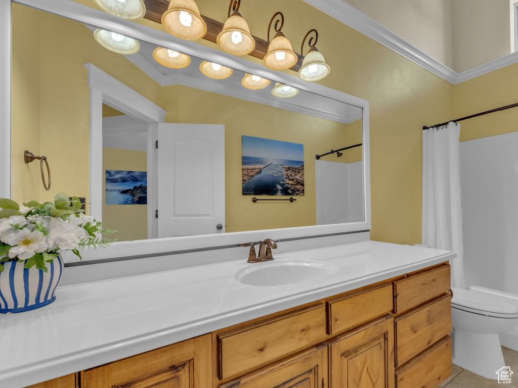 Full bath with vanity, toilet, a shower with shower curtain, and tile patterned flooring