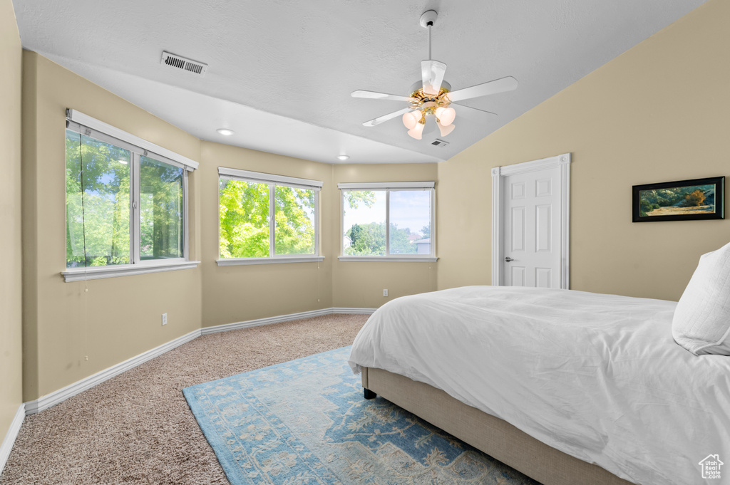Carpeted bedroom with baseboards, vaulted ceiling, and a ceiling fan
